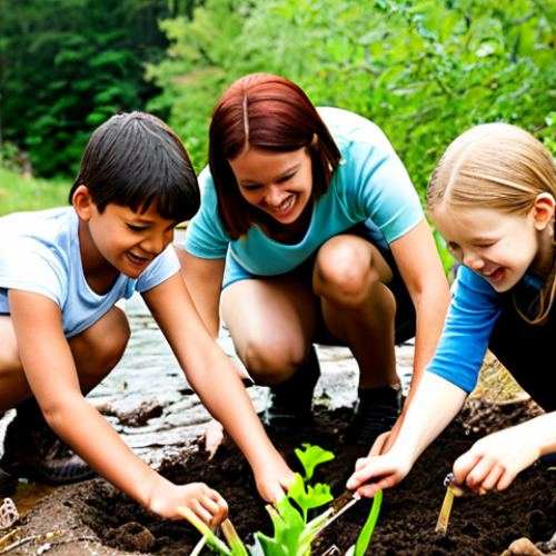 A diverse group of people, including adults and children, actively engaged in hands-on environmental learning outdoors. Some are planting saplings in fertile soil, others are carefully observing a stream with magnifying glasses, or participating in a citizen science project tracking local wildlife. Emphasize joyful expressions, genuine connection with nature, and a sense of collaborative stewardship. The scene is vibrant, bathed in warm, natural light, reflecting a healthy, thriving ecosystem.