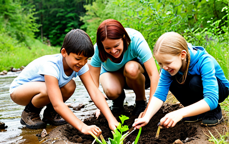 A diverse group of people, including adults and children, actively engaged in hands-on environmental learning outdoors. Some are planting saplings in fertile soil, others are carefully observing a stream with magnifying glasses, or participating in a citizen science project tracking local wildlife. Emphasize joyful expressions, genuine connection with nature, and a sense of collaborative stewardship. The scene is vibrant, bathed in warm, natural light, reflecting a healthy, thriving ecosystem.