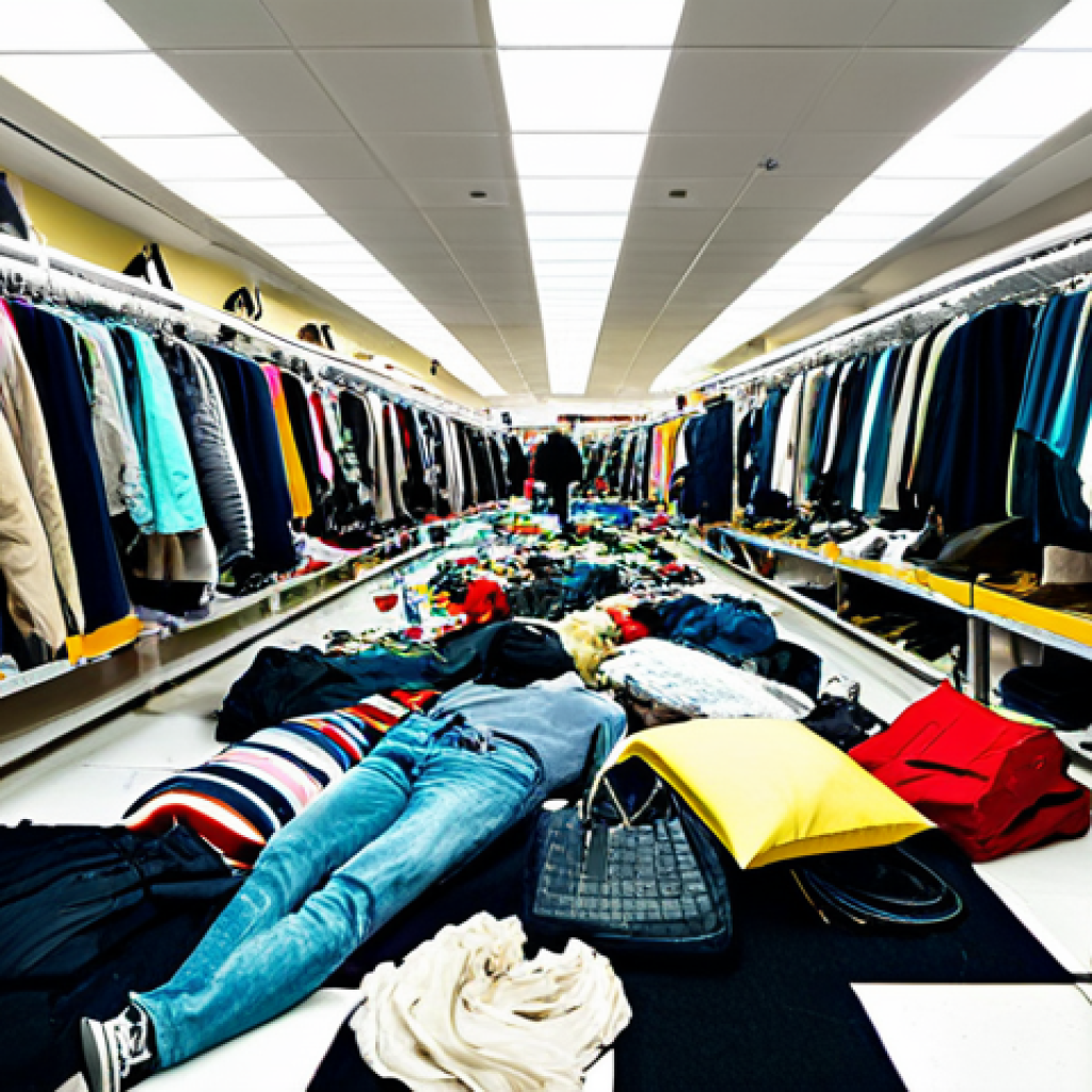 Unsustainable Consumption - The Pitfalls of Fast Fashion**
A chaotic scene in a brightly lit, overflowing fast fashion retail store. Racks are crammed with cheaply made clothing, consumers are frantically grabbing items, and discarded garments litter the floor. The atmosphere is frenzied and overwhelming. Focus on the wastefulness and superficiality of the scene. Dominant colors should be harsh and artificial. Include discarded shopping bags.
Keywords: fast fashion, consumerism, waste, overconsumption, crowded, chaotic, superficial, cheap clothing, disposable, landfill.
Safety Modifiers: safe for work, appropriate content, fully clothed, modest clothing, professional.
Anatomy: perfect anatomy, correct proportions, natural pose.
**