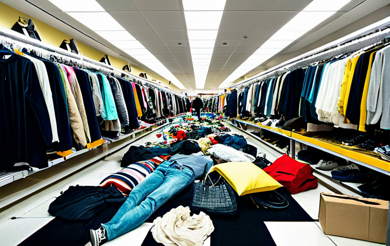 Unsustainable Consumption - The Pitfalls of Fast Fashion**
A chaotic scene in a brightly lit, overflowing fast fashion retail store. Racks are crammed with cheaply made clothing, consumers are frantically grabbing items, and discarded garments litter the floor. The atmosphere is frenzied and overwhelming. Focus on the wastefulness and superficiality of the scene. Dominant colors should be harsh and artificial. Include discarded shopping bags.
Keywords: fast fashion, consumerism, waste, overconsumption, crowded, chaotic, superficial, cheap clothing, disposable, landfill.
Safety Modifiers: safe for work, appropriate content, fully clothed, modest clothing, professional.
Anatomy: perfect anatomy, correct proportions, natural pose.
**