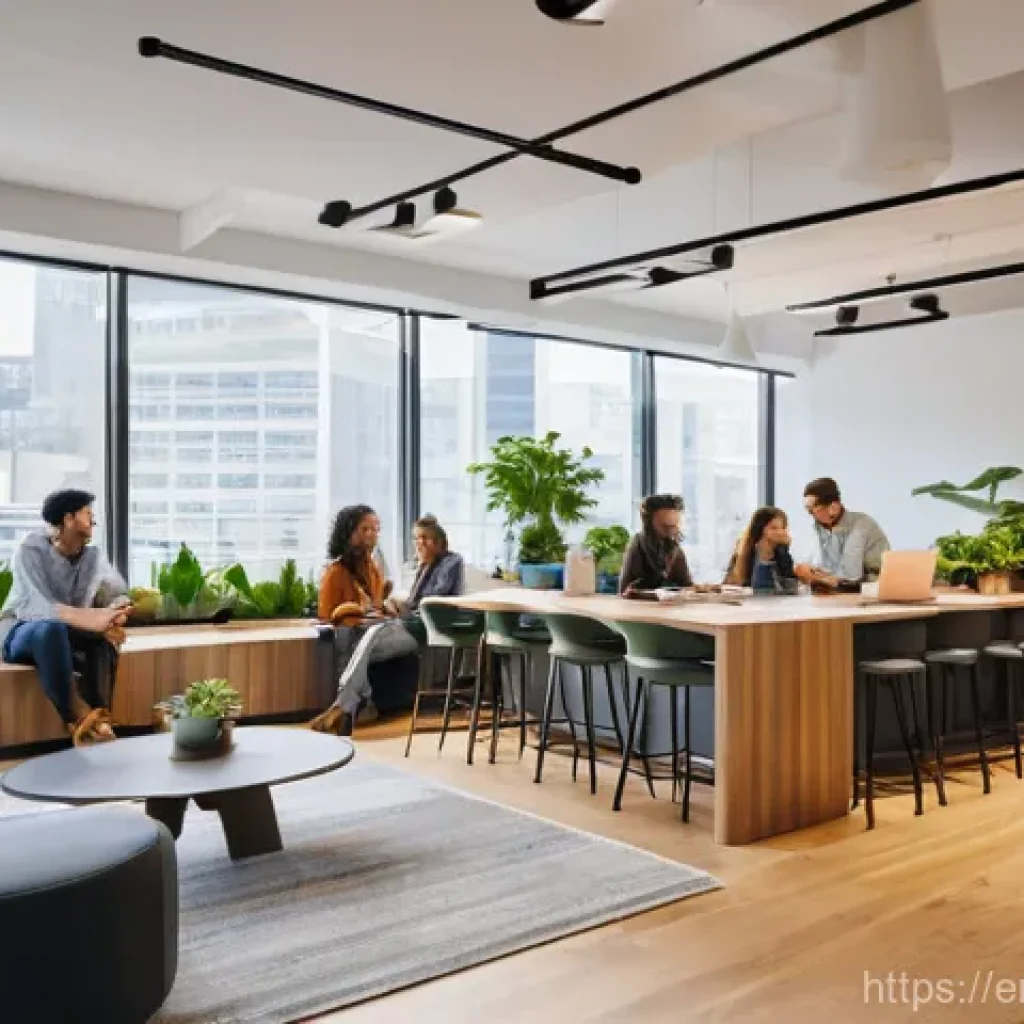 생태 심리학과 조직 문화 발전 - **A Vibrant, Collaborative Workspace:** A brightly lit, modern office environment designed for conne...