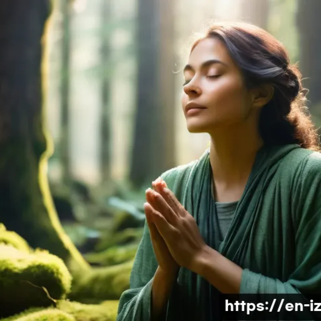생태 심리학 실천을 위한 커뮤니티 프로그램 - **"A serene woman, fully clothed in comfortable, earthy-toned attire, stands amidst a sun-dappled fo...