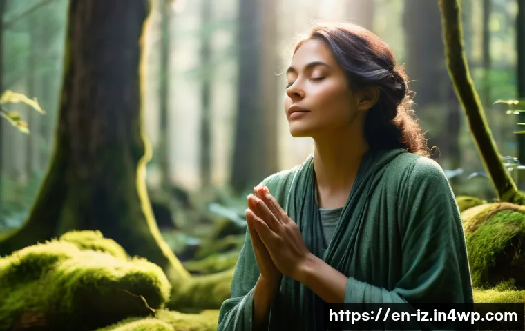 생태 심리학 실천을 위한 커뮤니티 프로그램 - **"A serene woman, fully clothed in comfortable, earthy-toned attire, stands amidst a sun-dappled fo...