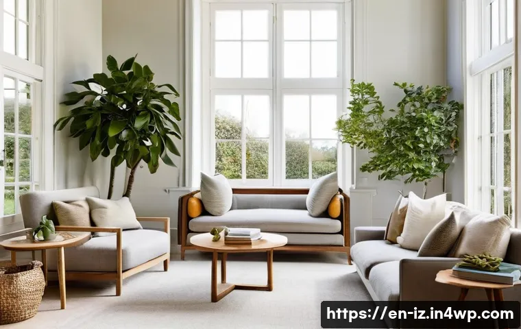 생태 심리학 실천의 중요성 - **A Serene Home Sanctuary:** A wide shot of a beautifully designed, light-filled living space, embod...