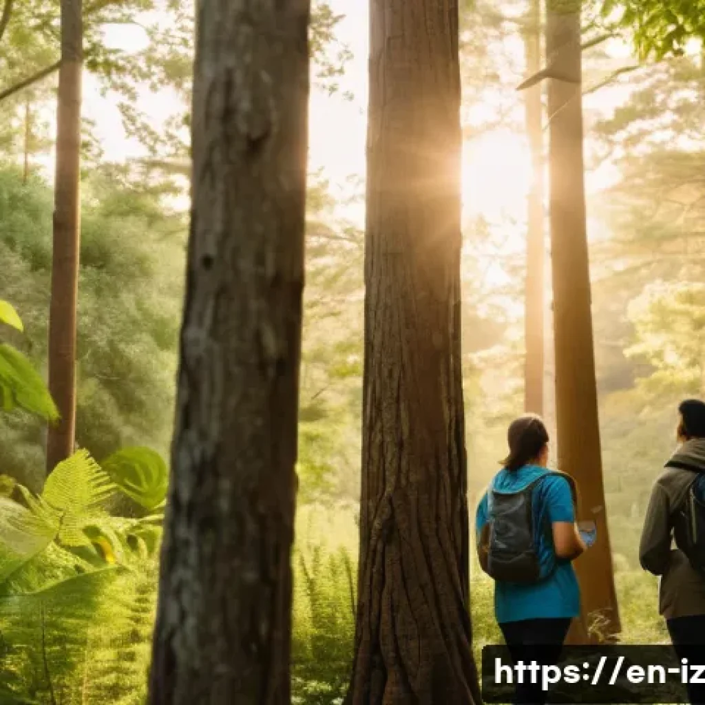 생태 심리학과 환경 문제 인식 - A serene forest scene at golden hour with a diverse group of people engaged in mindful walking and o...