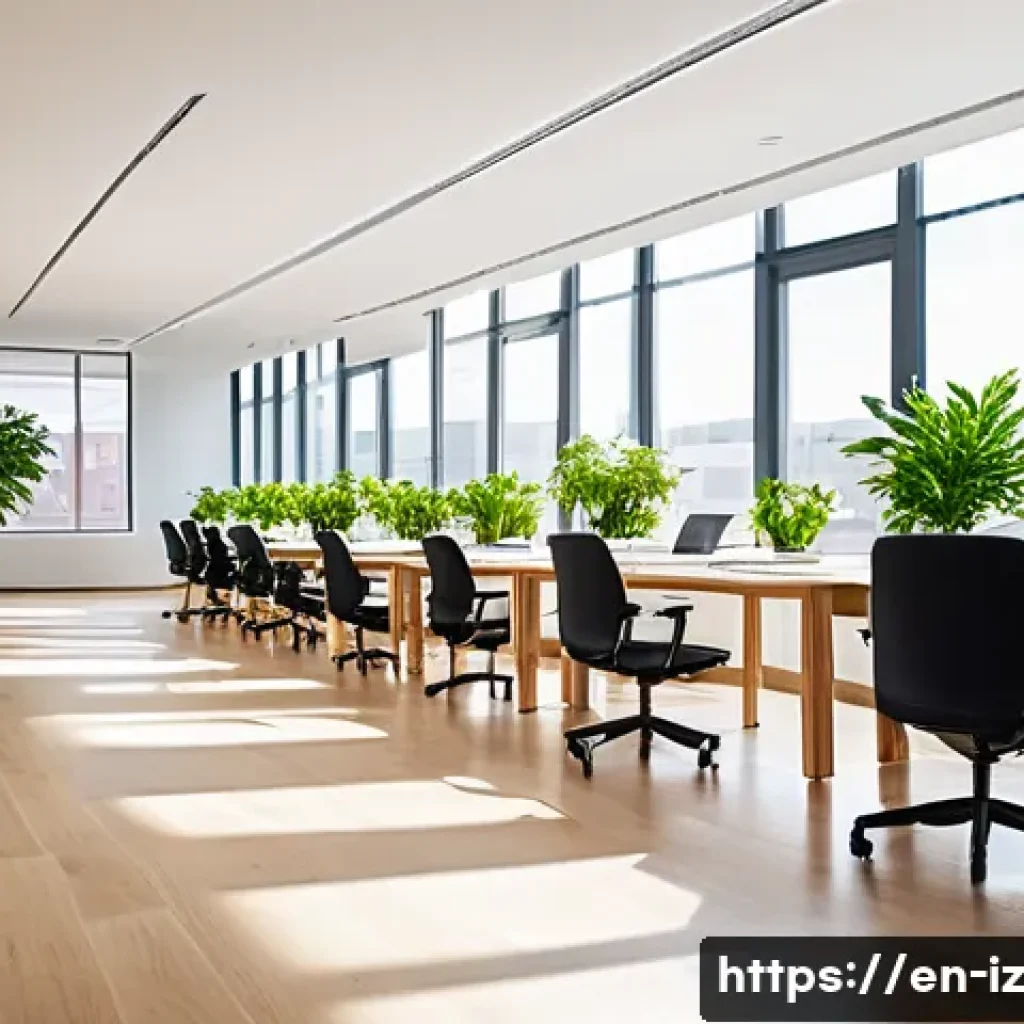 생태 심리학과 인간 경험의 재구성 - A bright, minimalistic modern office interior with large windows allowing natural sunlight to flood ...