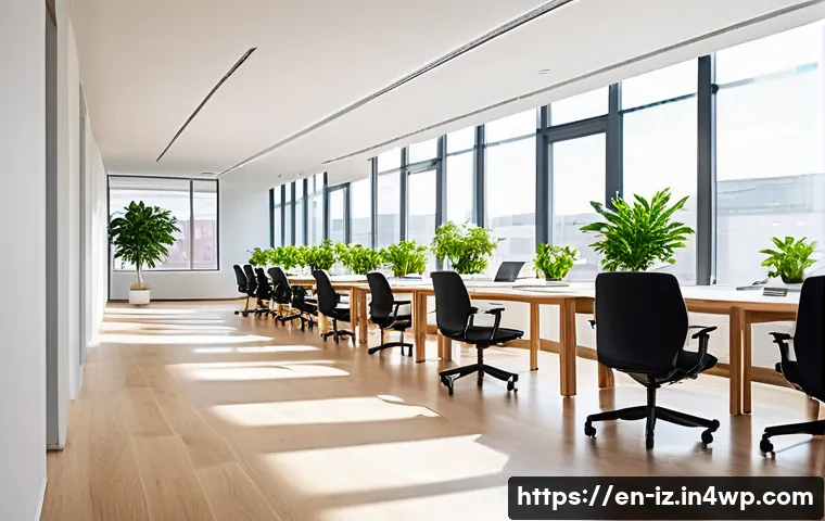 생태 심리학과 인간 경험의 재구성 - A bright, minimalistic modern office interior with large windows allowing natural sunlight to flood ...