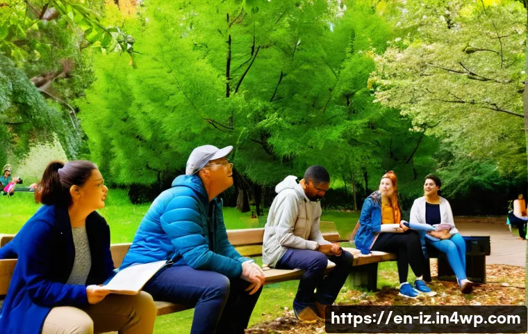 생태 심리학 실천을 위한 워크숍 기획하기 - A diverse group of adults participating in an outdoor ecological psychology workshop in a lush urban...
