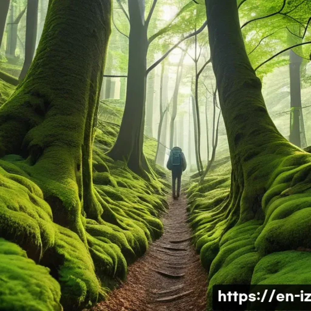 생태 심리학 실천을 위한 필수 도구 - A serene forest scene depicting a person walking slowly on a leaf-covered trail, fully engaged with ...