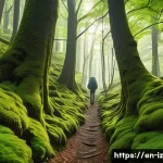 Home 22 생태 심리학 실천을 위한 필수 도구 - A serene forest scene depicting a person walking slowly on a leaf-covered trail, fully engaged with ...