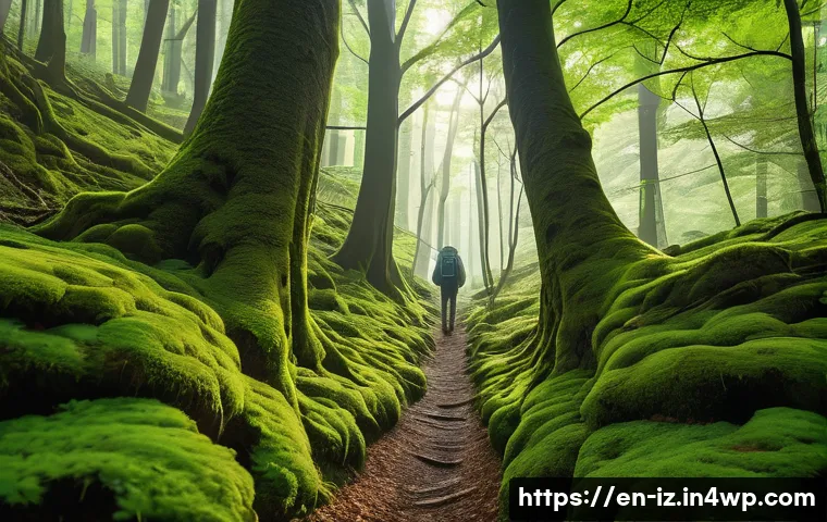 생태 심리학 실천을 위한 필수 도구 - A serene forest scene depicting a person walking slowly on a leaf-covered trail, fully engaged with ...