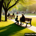 Home 21 생태 심리학 실천의 성공 비결 - A serene urban park scene during golden hour, featuring diverse people of various ages engaging with...