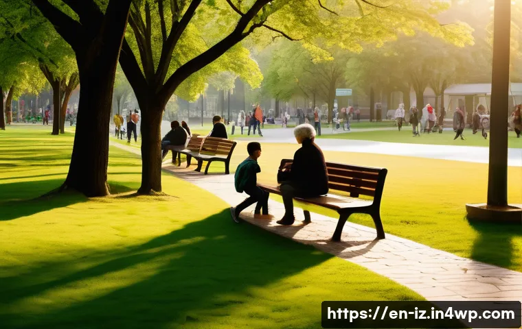 생태 심리학 실천의 성공 비결 - A serene urban park scene during golden hour, featuring diverse people of various ages engaging with...