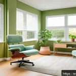 Home 20 생태 심리학 실천의 성공 사례 - A warm, modern therapy room bathed in natural sunlight, featuring large windows overlooking a lush g...