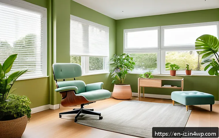 생태 심리학 실천의 성공 사례 - A warm, modern therapy room bathed in natural sunlight, featuring large windows overlooking a lush g...