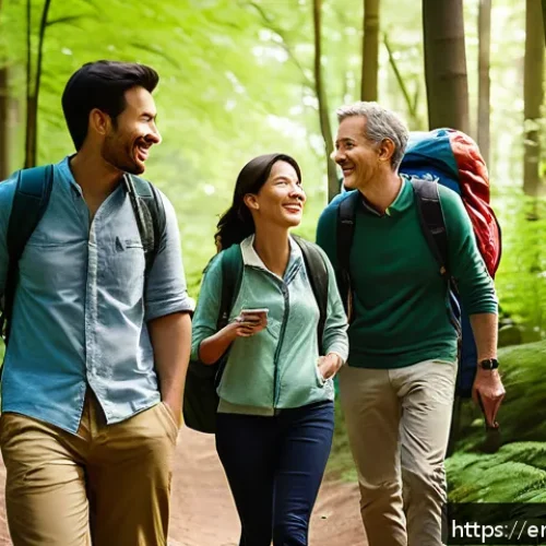 Home 30 생태 심리학 실천의 장기적 효과 - A diverse group of adults enjoying a sunny forest hike together, wearing casual outdoor clothing and...