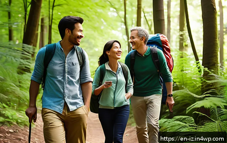 생태 심리학 실천의 장기적 효과 - A diverse group of adults enjoying a sunny forest hike together, wearing casual outdoor clothing and...