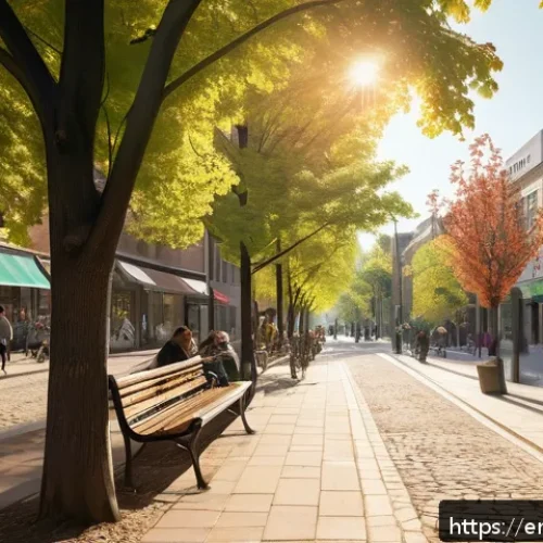 Home 17 생태 심리학의 최근 연구 동향 - A vibrant, walkable urban neighborhood scene during a sunny afternoon, featuring wide, clean sidewal...