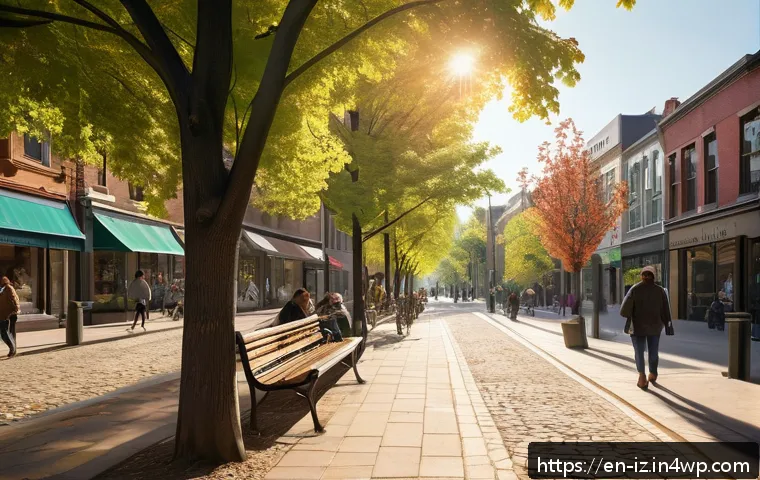 생태 심리학의 최근 연구 동향 - A vibrant, walkable urban neighborhood scene during a sunny afternoon, featuring wide, clean sidewal...