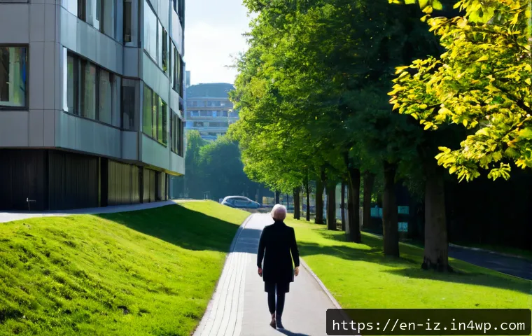 생태 심리학과 인간의 환경 인식 변화 - Photorealistic environmental psychology scene, a middle-aged woman standing at the threshold between...